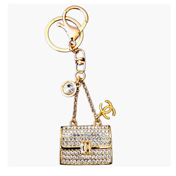 Small Designer Charm Embellished Gold Bag Keychain Bag Charm - Picture 1 of 1